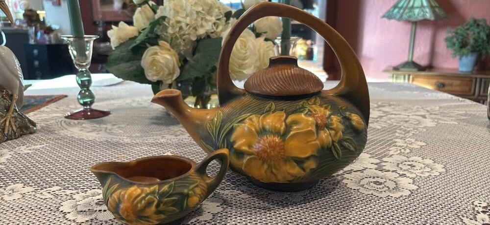 Vintage Roseville Pottery "Peony" pattern teapot and creamer set (shape #3)